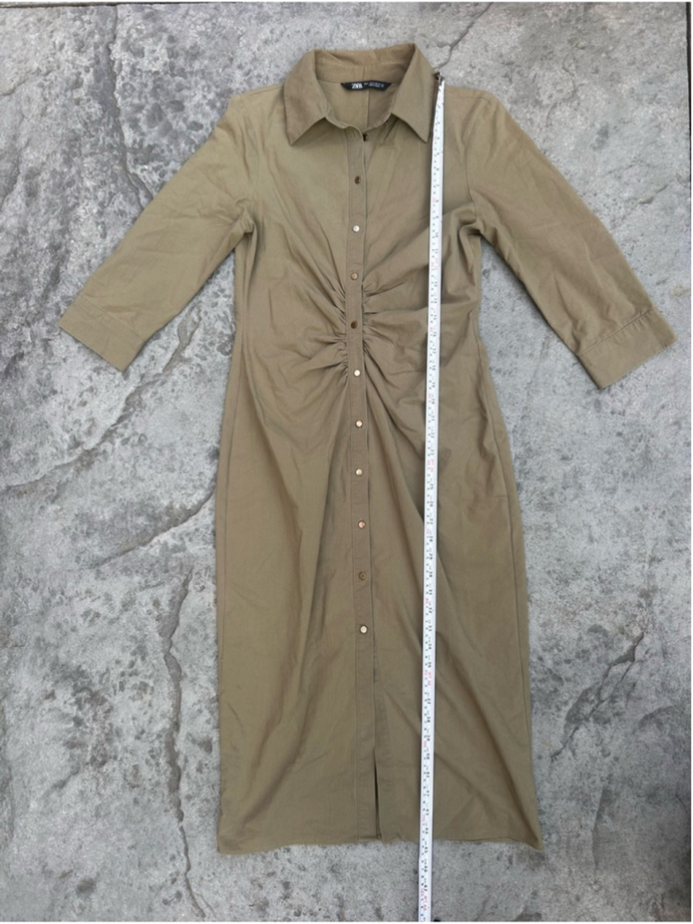 Zara Khaki Ruched Shirt Midi Dress Size M - Picture 7 of 8